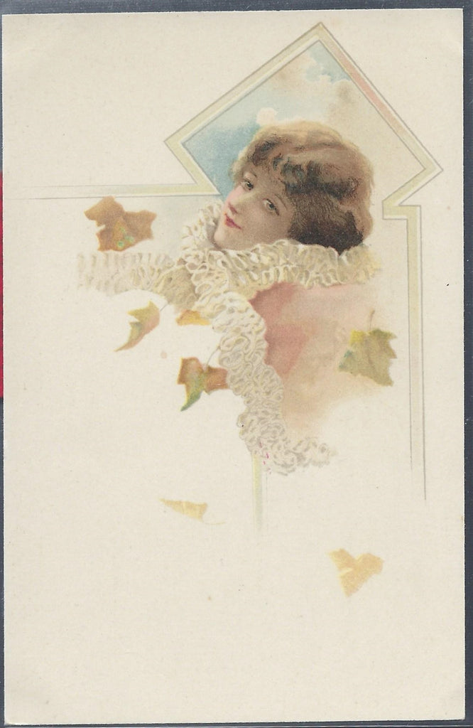 Art Nouveau Postcard Four Seasons Series Autumn Woman with Falling Leaves Early Undivided Back