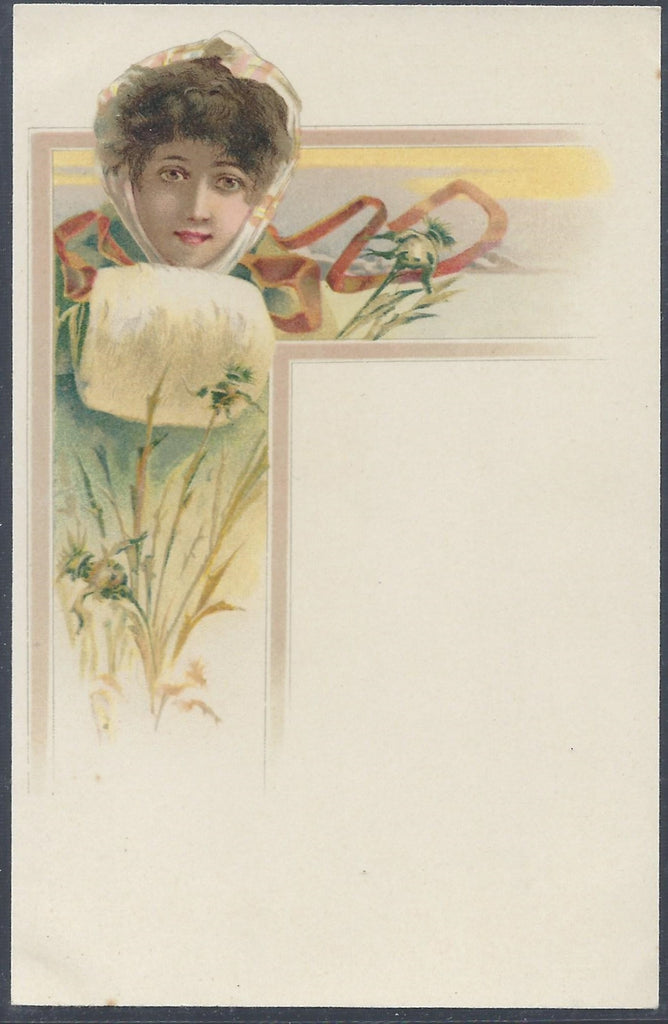Art Nouveau Postcard Four Seasons Series Winter Woman with Flowers Early Undivided Back