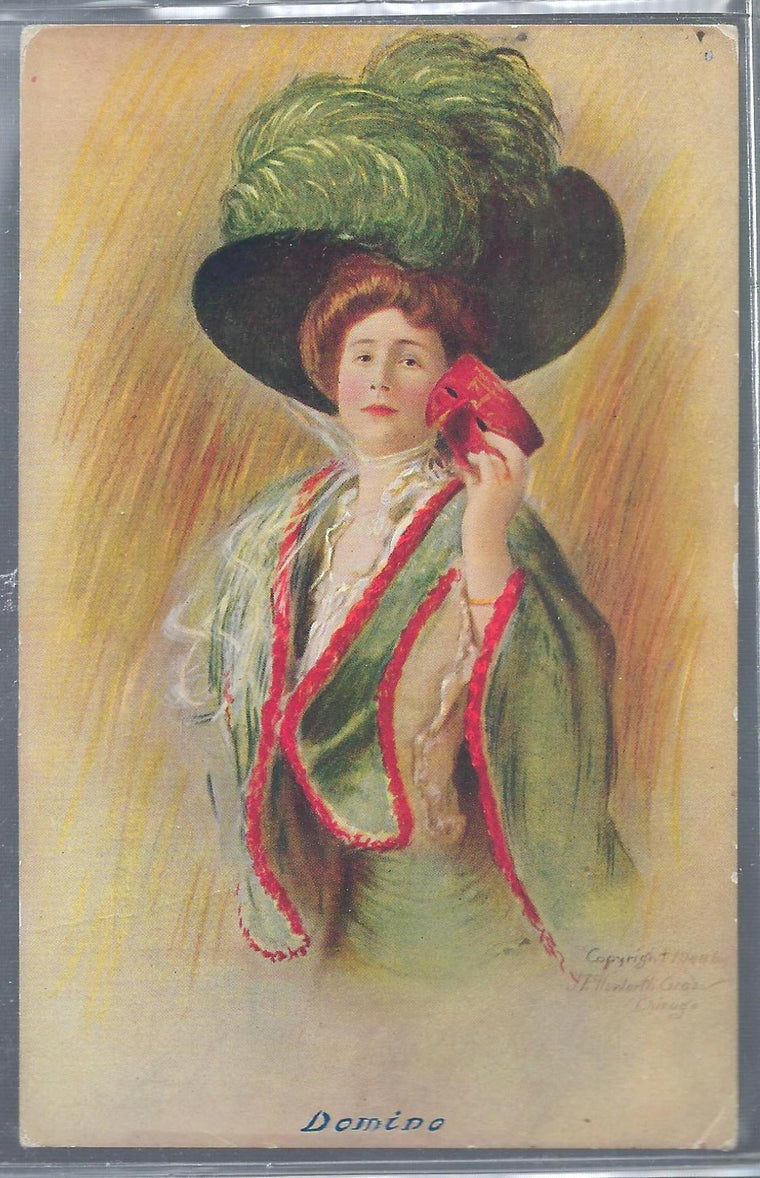 Art Nouveau Artist Postcard Titled Domino Signed Copyright 1908 Woman Holding Cards