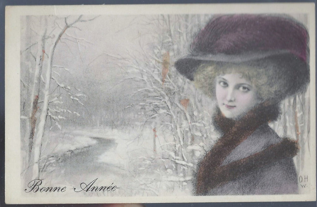 Artist Postcard French Woman Hand Tinted Lady in Purple with Monochromatic Woodland Scene Series 501