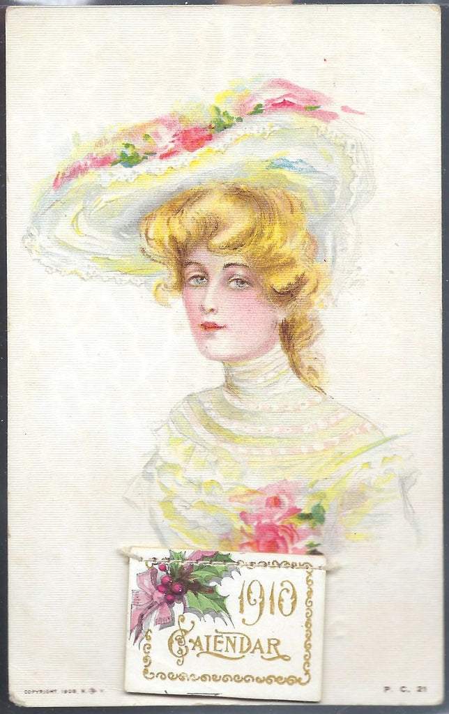 New Year Postcard Gibson Girl Seated with 1910 Calendar Attached Textured Card