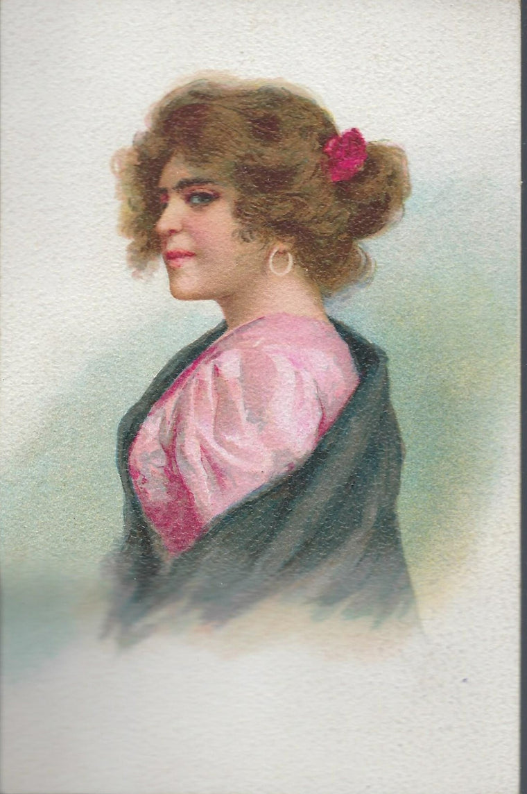 Italian Postcard Early Undivided Attilio Scrocchi Milan Card Dark Haired Woman in Green Shawl Pink Gown No 1686