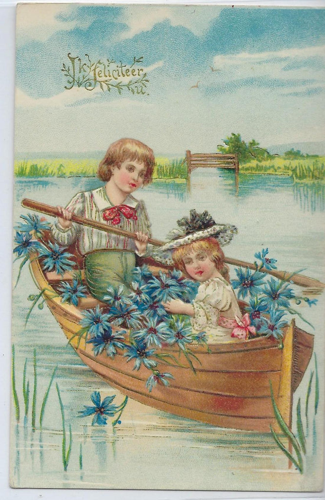 Congratulations Postcard Embossed Gold Highlights Two Children Boy and Girl in Boat with Flowers