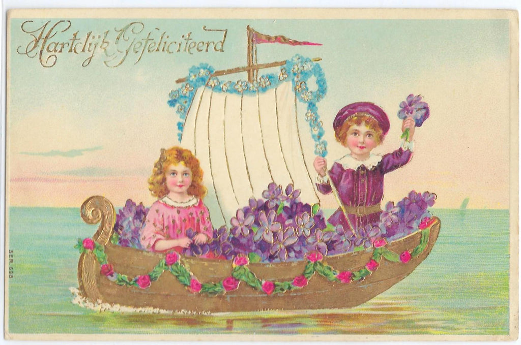 Antique Postcard Embossed Children in Boat of Gold Covered in Flowers Series 638 Printed in Germany