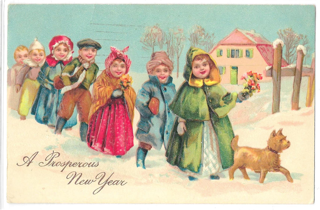 New Year Postcard Children Parade in Snow Led by Dog PFB Publishing Embossed Card Series 11204