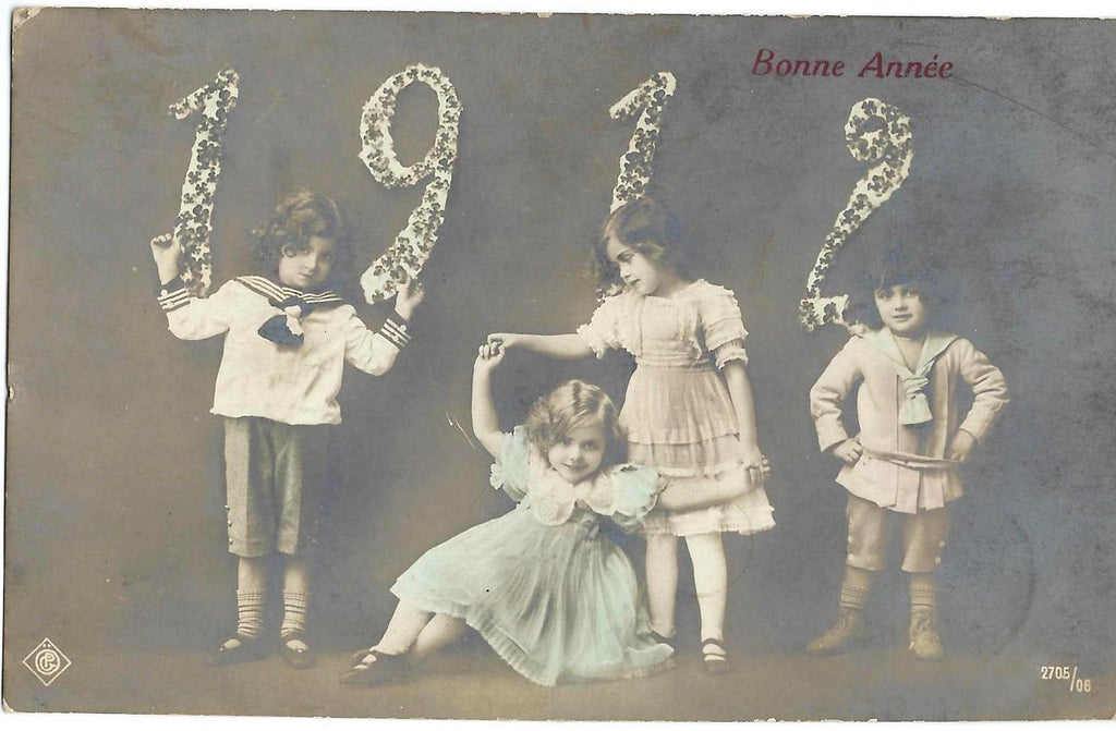 Real Photo Postcard Euro French Children Holding New Year 1912
