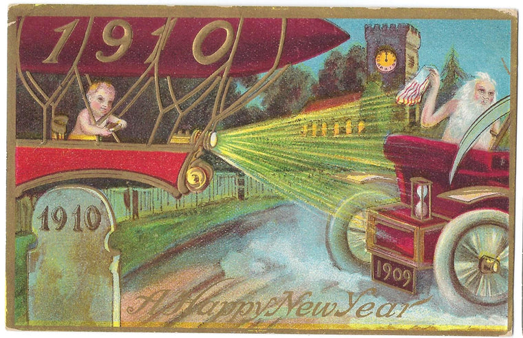 Baby New Year 1910 Next to Gravestone Zeppelin Father Time 1909 Car New Year's Postcard