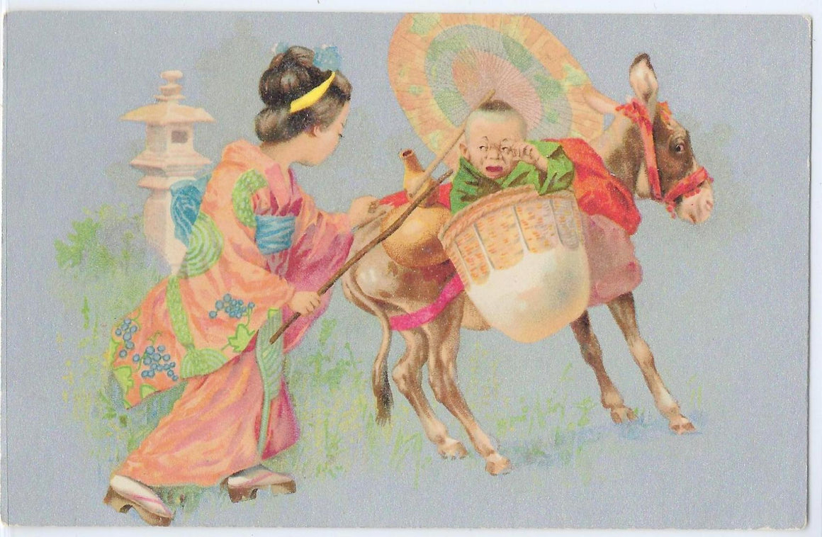 Rare Unmarked New Year Postcard Geisha & Baby Undivided Card