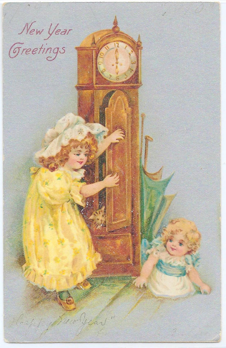 Winsch New Year Postcard Children Playing in Chiming Clock