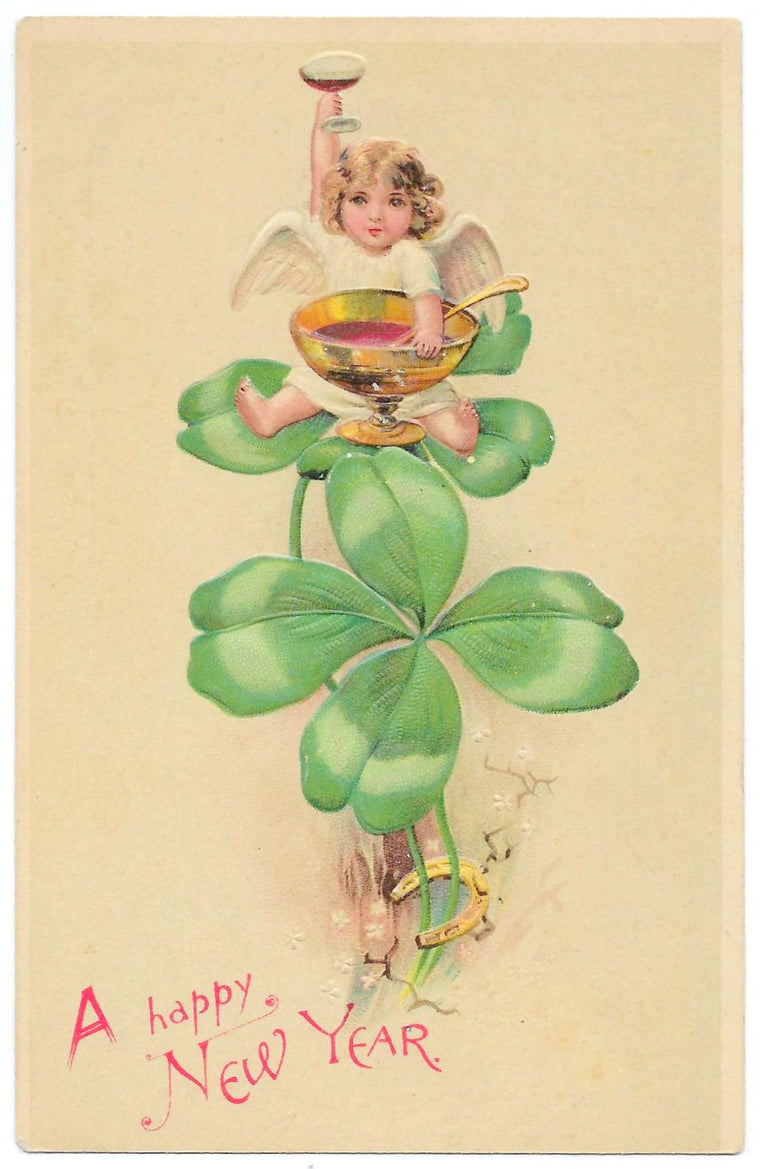New Year Postcard Baby Toasting Over 4 Leaf Clover 301 Series
