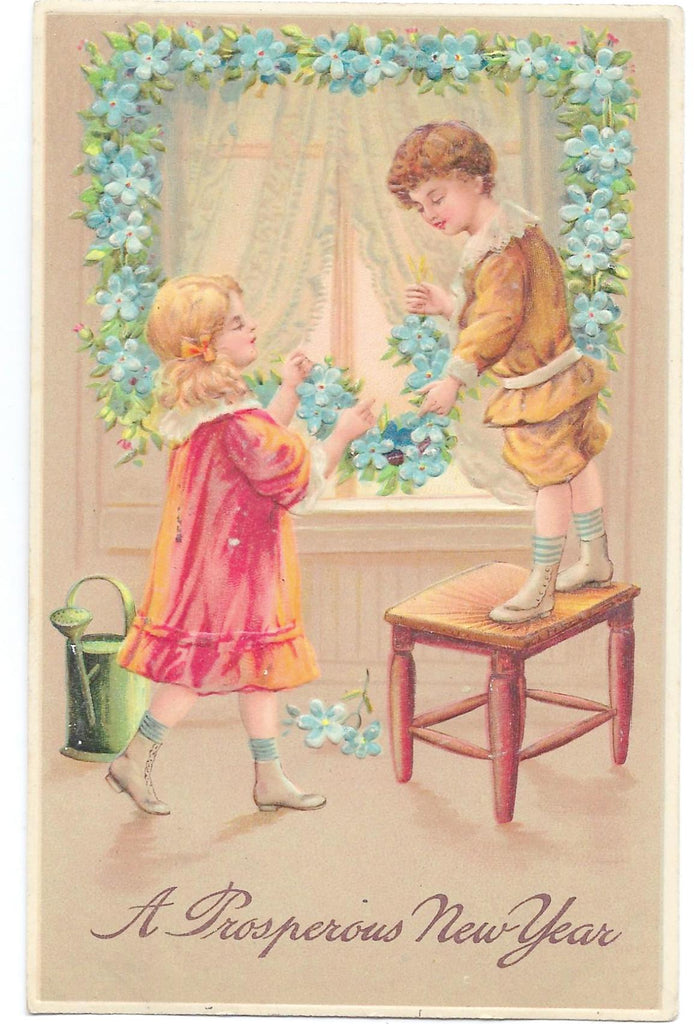 New Year Postcard Little Boy and Girl Decorating Window with Flowers PFB Publishing Series 9939