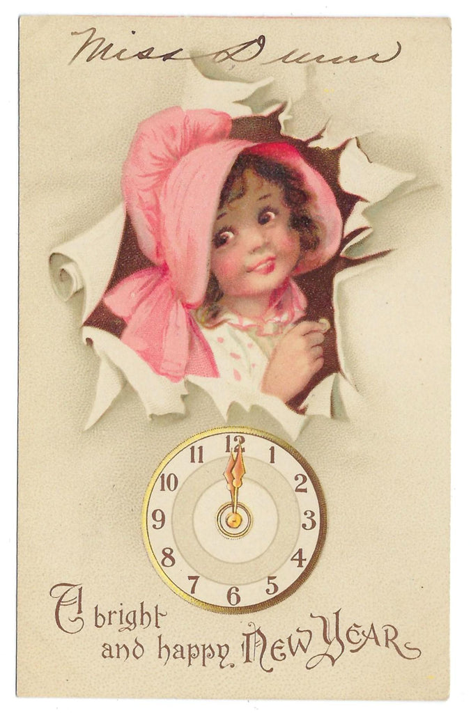 New Year Postcard Little Girl Popping Out Above Midnight Striking Clock Artist Frances Brundage Raphael Tuck Publishing