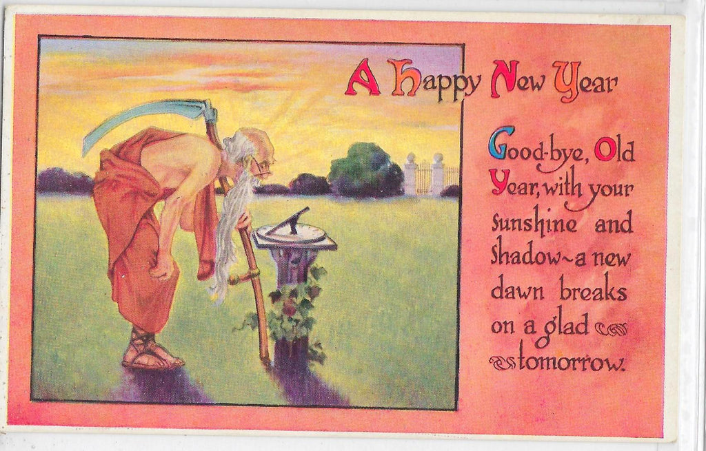 New Year Postcard Father Time Watching Sun Dial Gibson Publishing