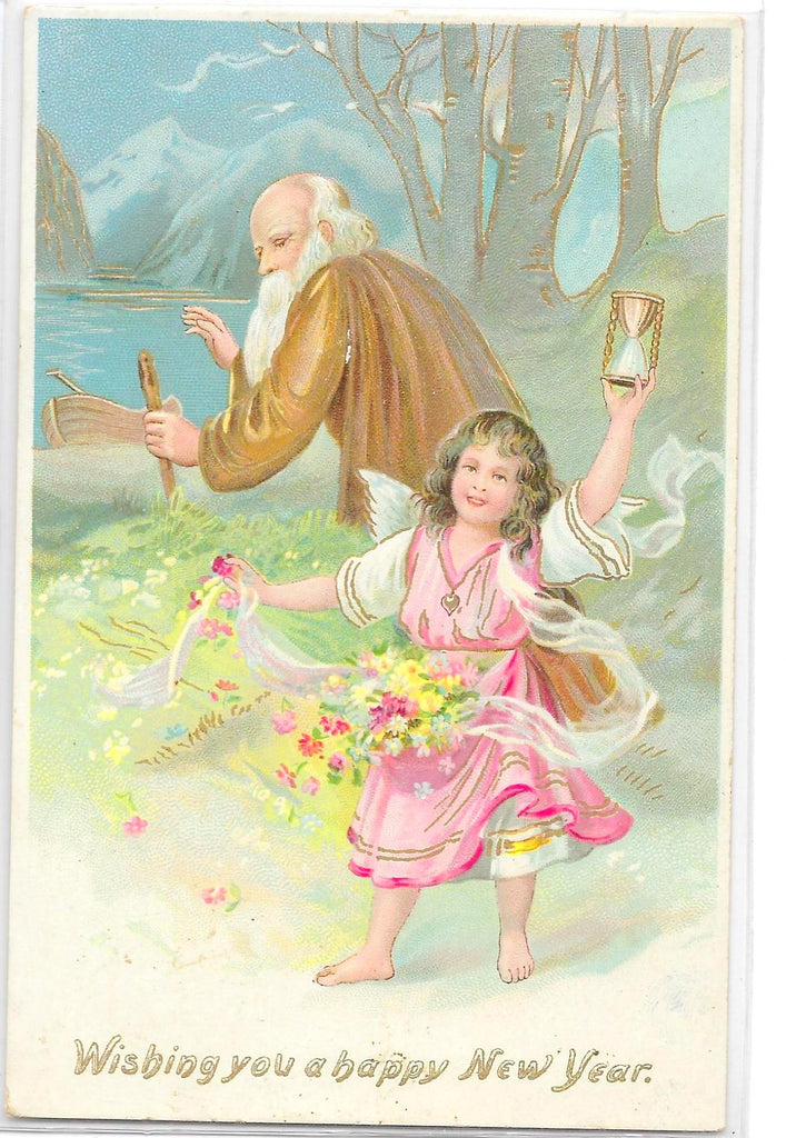 New Year Postcard Raphael Tuck Publishing Father Time With Child Holding Sands of Time Gold Highlights