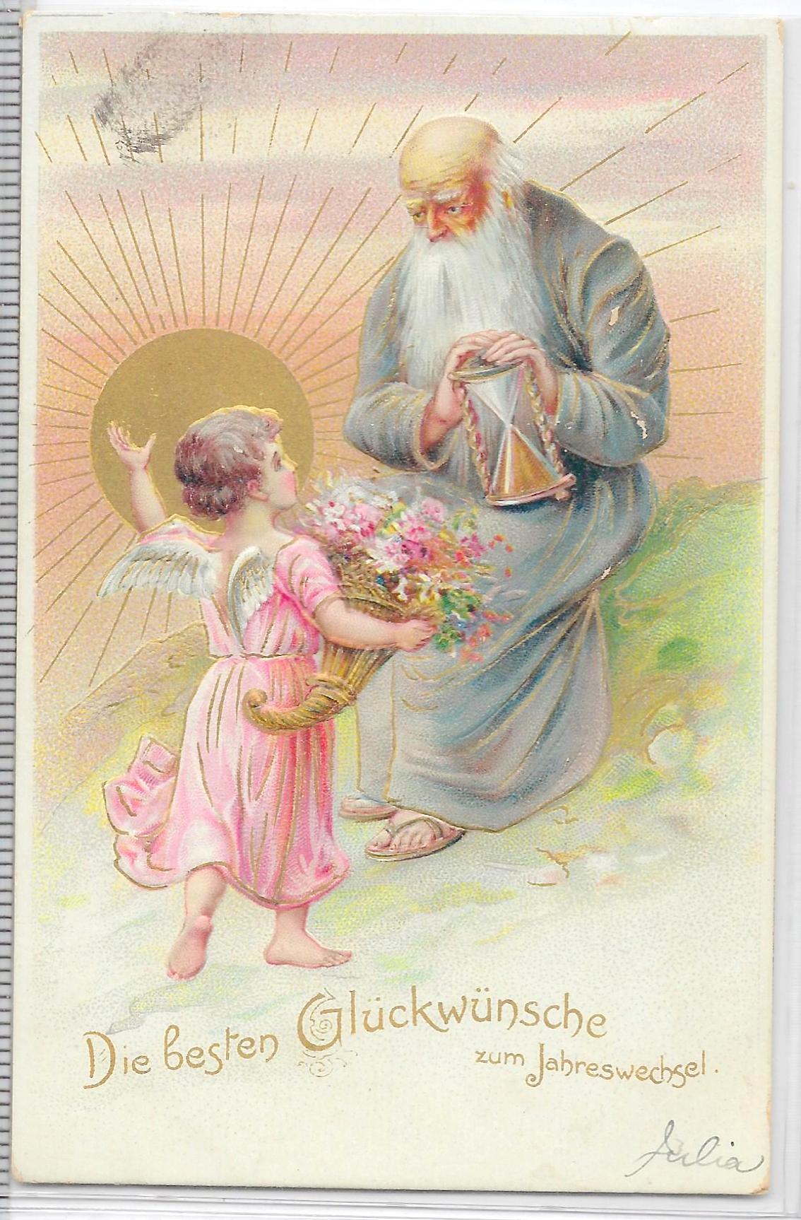 New Year Postcard Raphael Tuck Publishing Father Time With Angel Gold Highlights German Greetings Embossed Undivided