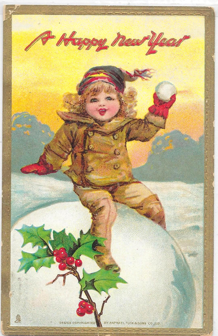 New Year Postcard #601 A Happy New Year Artist Frances Brundage Child on Giant Snowball Raphael Tuck Publishing