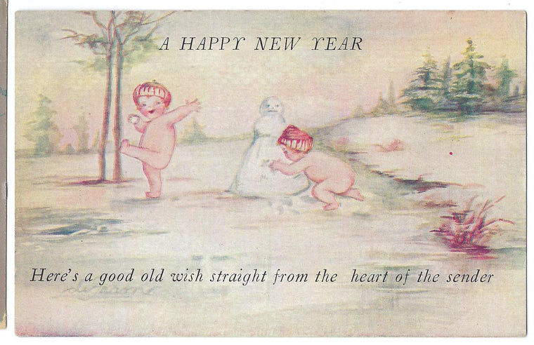 New Year Postcard Little Babies Kewpie Style Playing in Snow Building Snowman Series 2259 Artist Degarmes