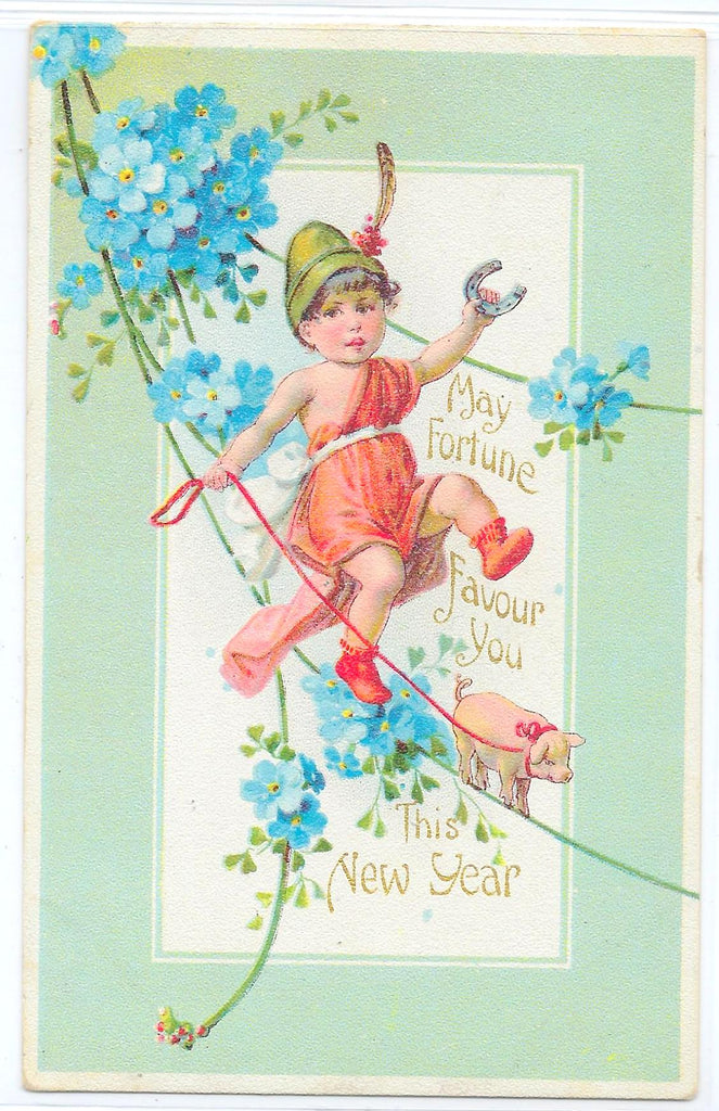 New Year Postcard Child Walking Baby Pig Floral and Four Leaf Clover Design May Fortune Favour You This New Year Series 272-A