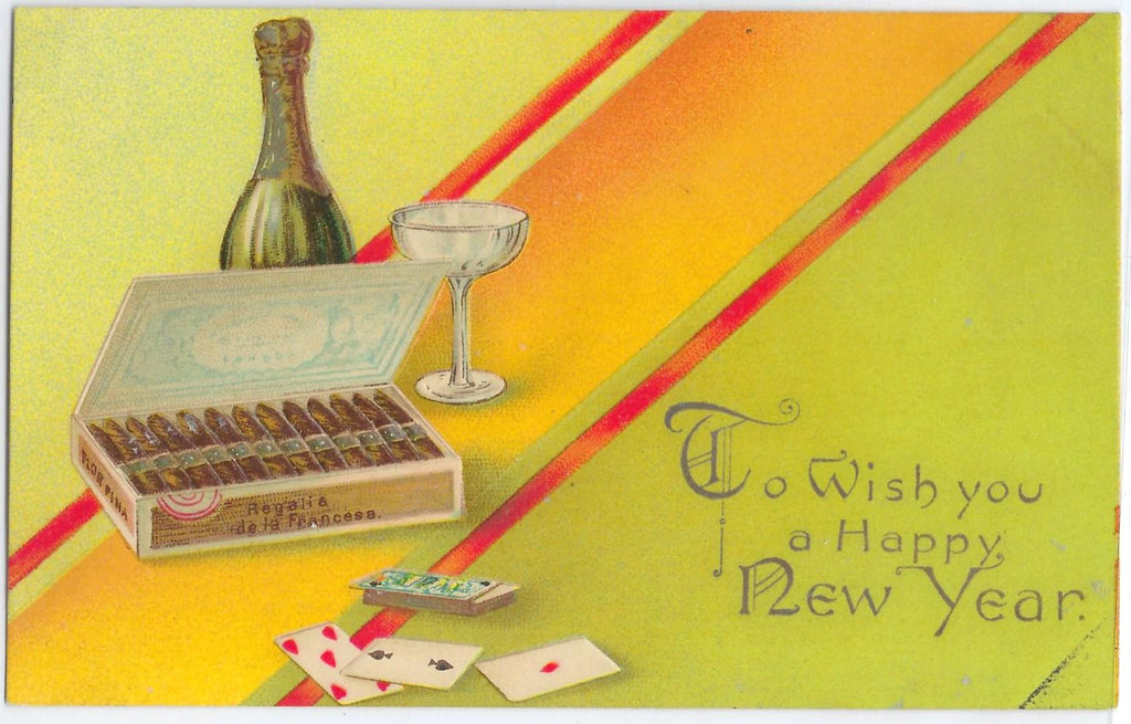 New Year Postcard Card Players Bottle of Champagne Box of Cigars