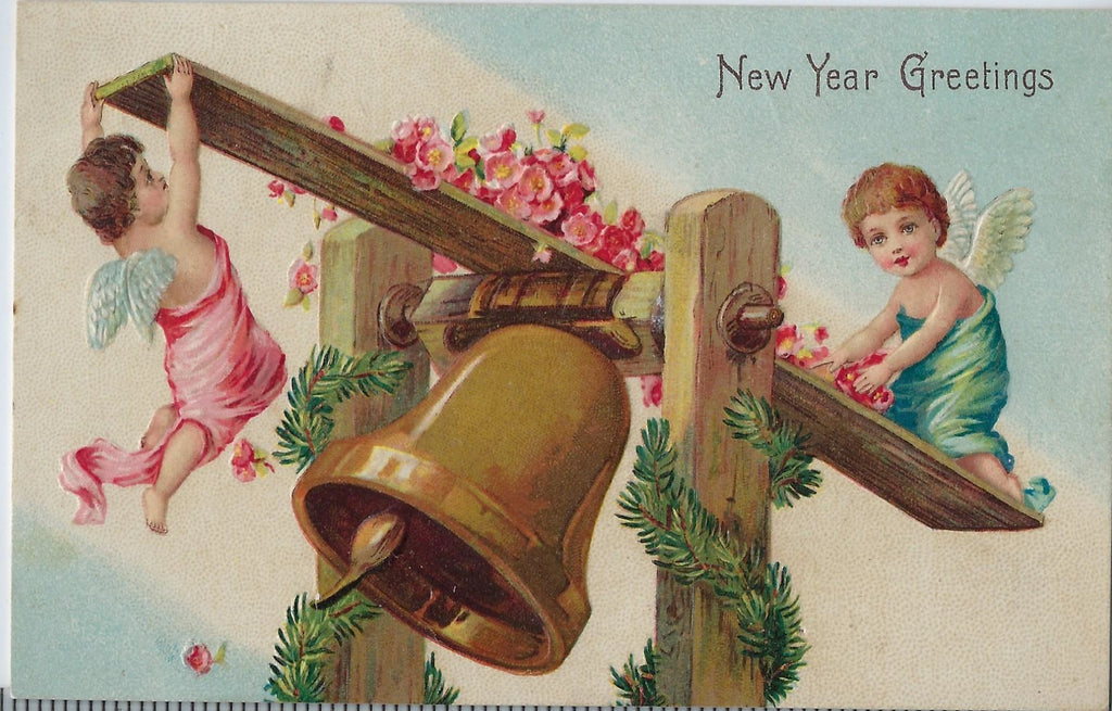 Embossed New Year Postcard Baby Cherubs Playing Teeter Totter on Large Ringing Bell Germany