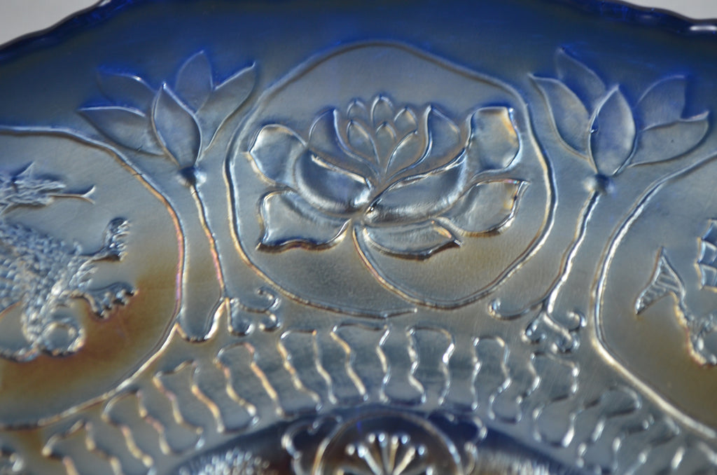 Beautiful 1900's Fenton Blue Dragon & Lotus Carnival Glass Iridescent Bowl