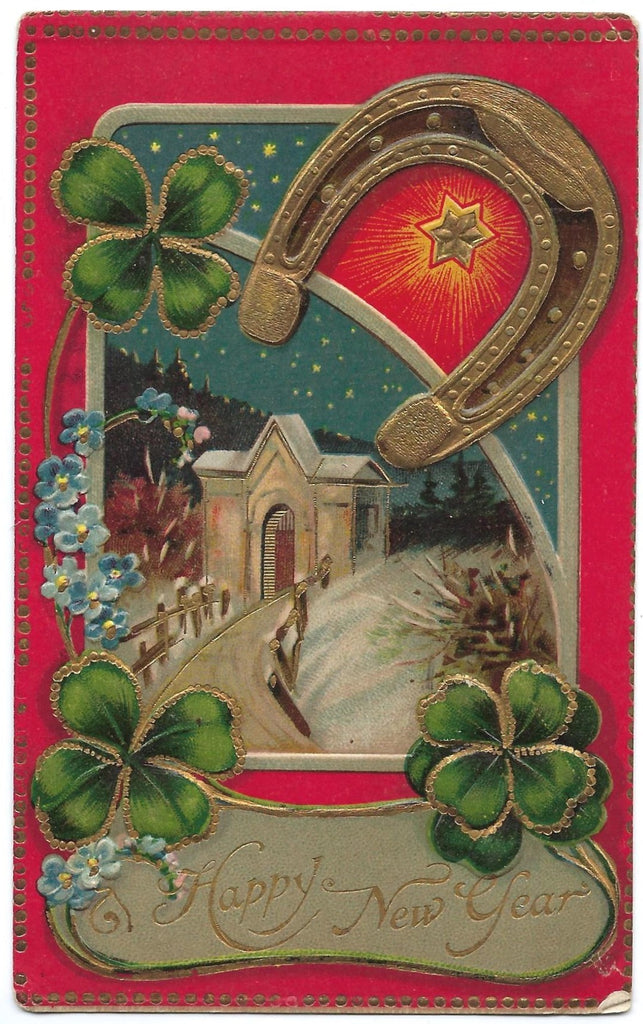 New Year Postcard Gold Embossed Four Leaf Clover with Winter Landscape Red Background