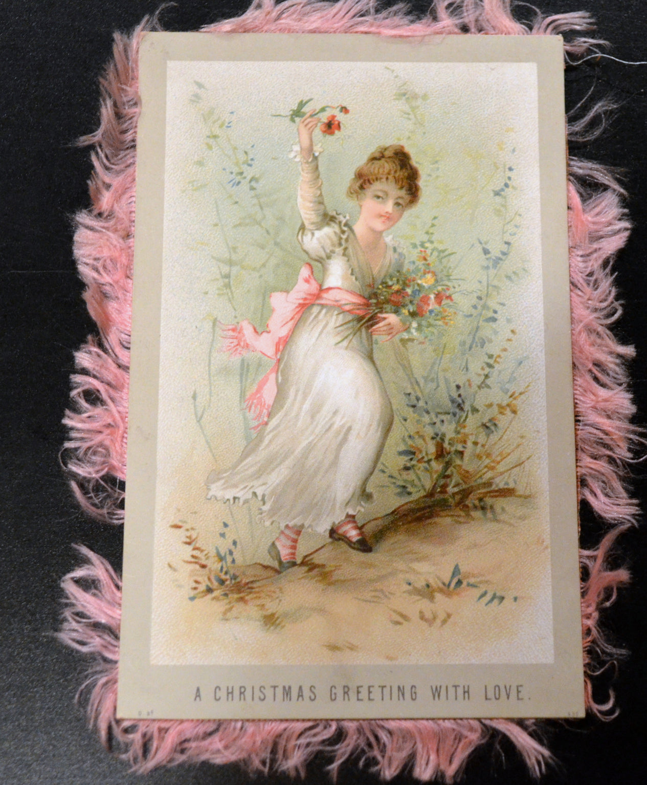 Christmas Silk Fringe Double Sided Card Girl Hunting Pheasant on One Side