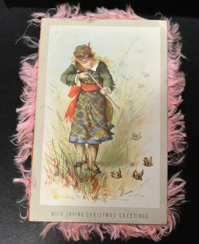 Christmas Silk Fringe Double Sided Card Girl Hunting Pheasant on One Side