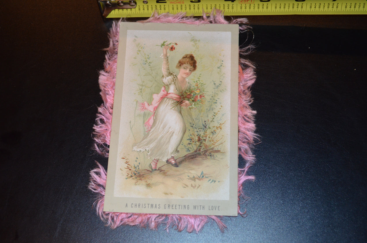 Christmas Silk Fringe Double Sided Card Girl Hunting Pheasant on One Side