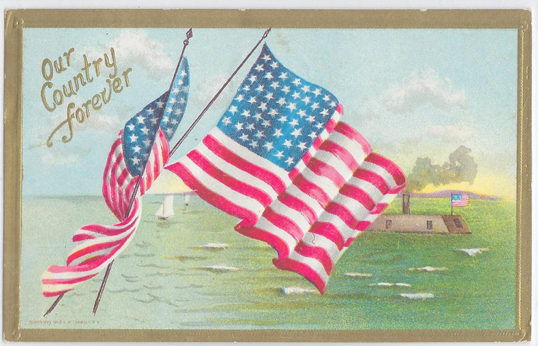 Patriotic Postcard American Flag Over Ocean & Navy Submarine Ship Our Country Forever Series 379
