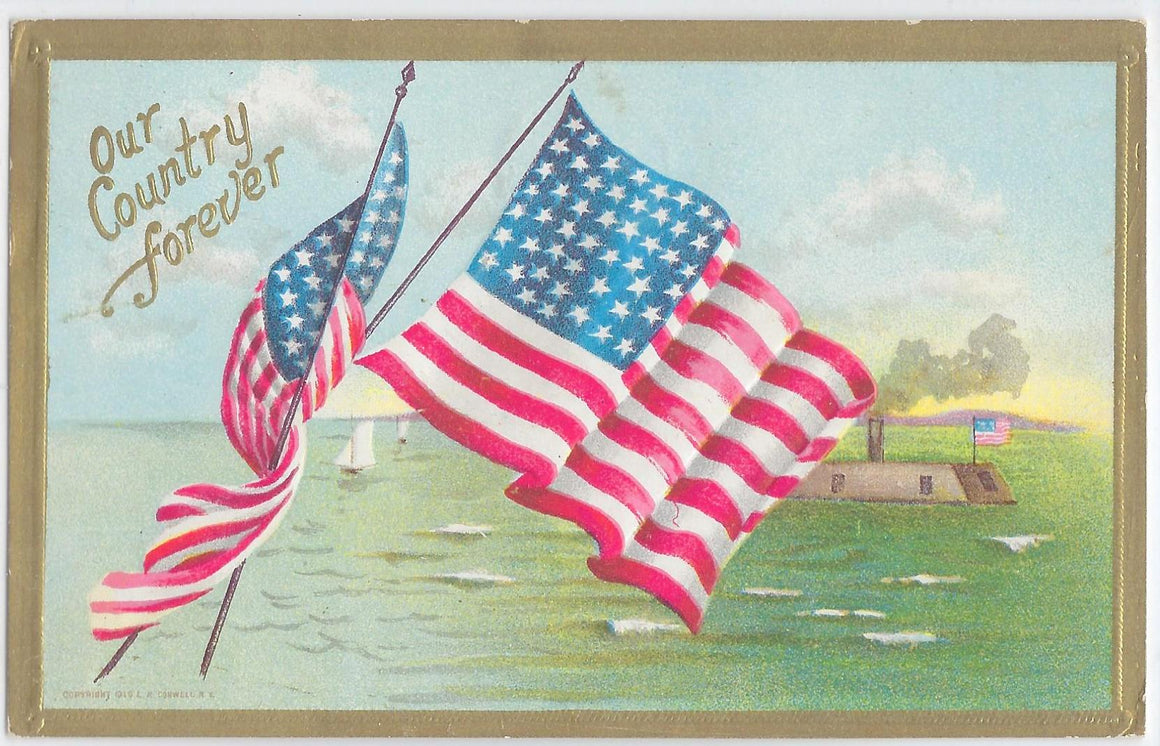 Patriotic Postcard American Flag Over Ocean & Navy Submarine Ship Our Country Forever Series 379