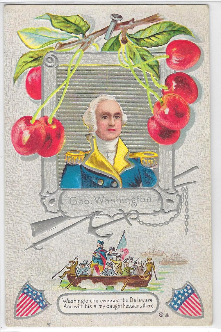 Patriotic Postcard Portrait of Washington  Under Cherries Crossing the Delaware Birthday Series 4