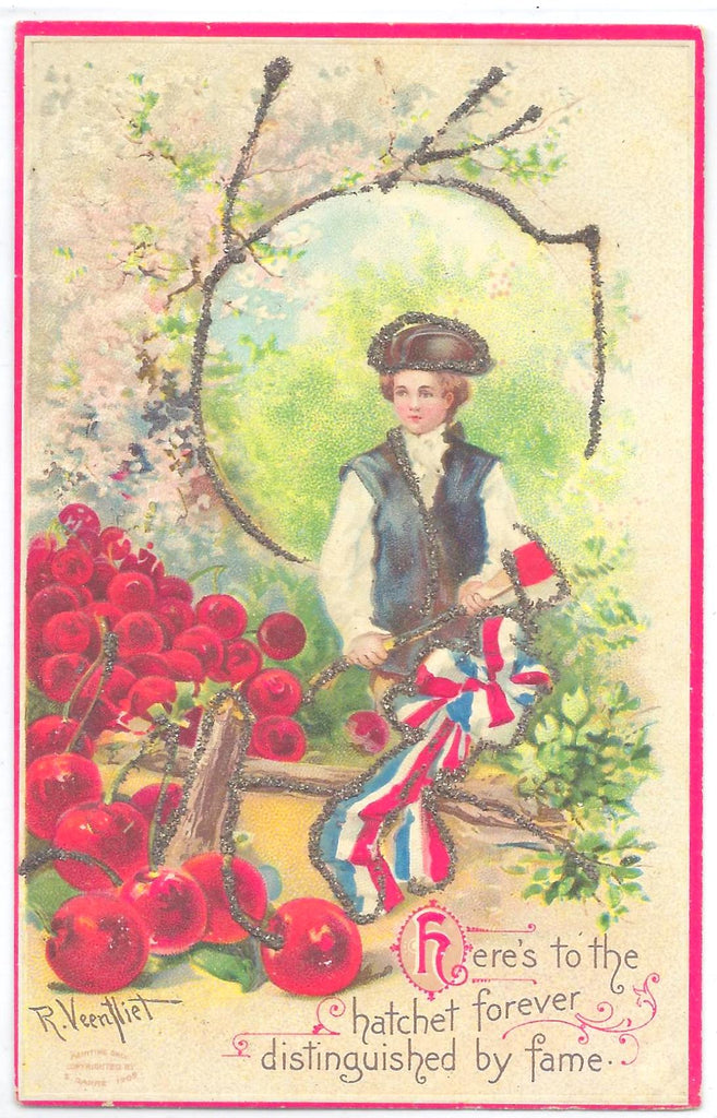 Patriotic Postcard Artist R. Veentliet Embossed Card Young George Washington Chopping Cherry Tree Applied Glitter