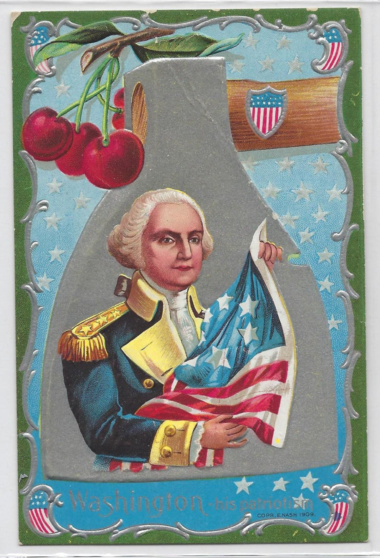 Patriotic Postcard President's Day Washington's Birthday NO 2 Card George Holding American Flag in Silver Ax Embossed Card