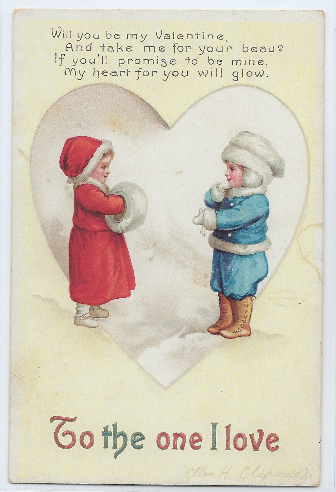 Valentine Postcard Ellen Clapsaddle Children Dressed in Winter Coats Exchanging Greetings Background is Giant Heart Series 2744