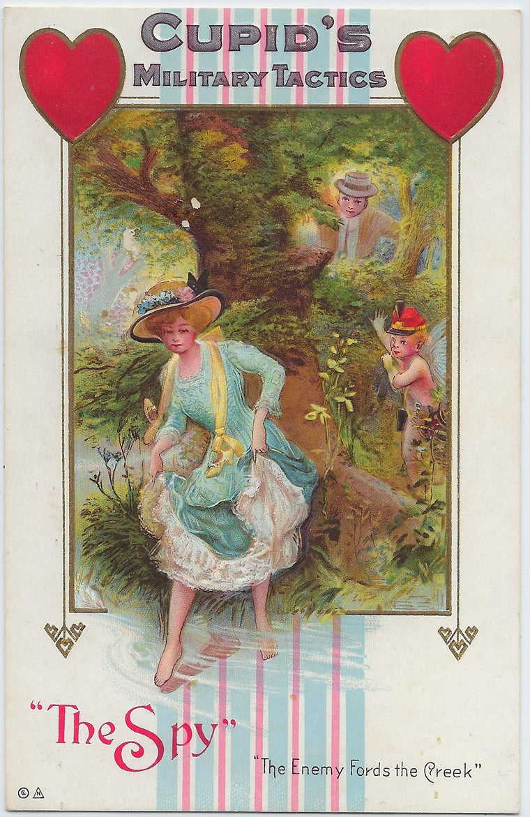 Valentine Postcard Cupid's Military Tactics Series 32 The Spy The Enemy Fords the Creek Cupid and Man Watching Woman Dip Toe in Water