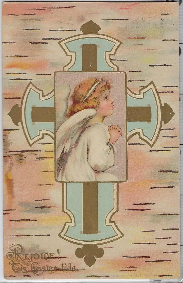 Easter Postcard Rejoice to Easter Tide Child Angel Praying in Gold Cross Embossed Card