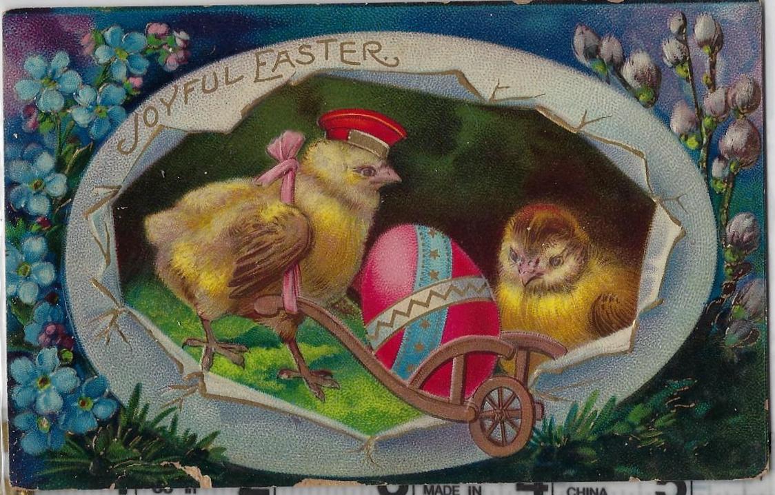 Easter Postcard Embossed Baby Chick in Suit Pushing Wheelbarrow Egg Delivery Blue Flower Border Gel Finish Series 1520 Printed in Germany