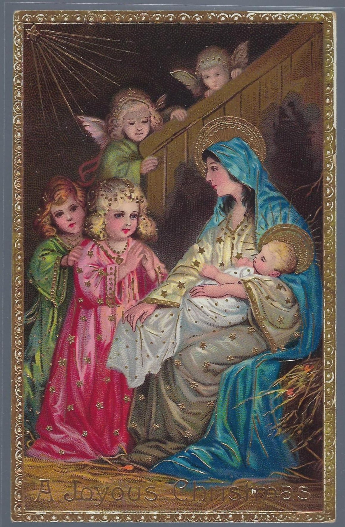 Religious Theme Christmas Postcard Holy Mother Holding Child w/ Angels Gold Highlighted Poem Series 7055 Germany