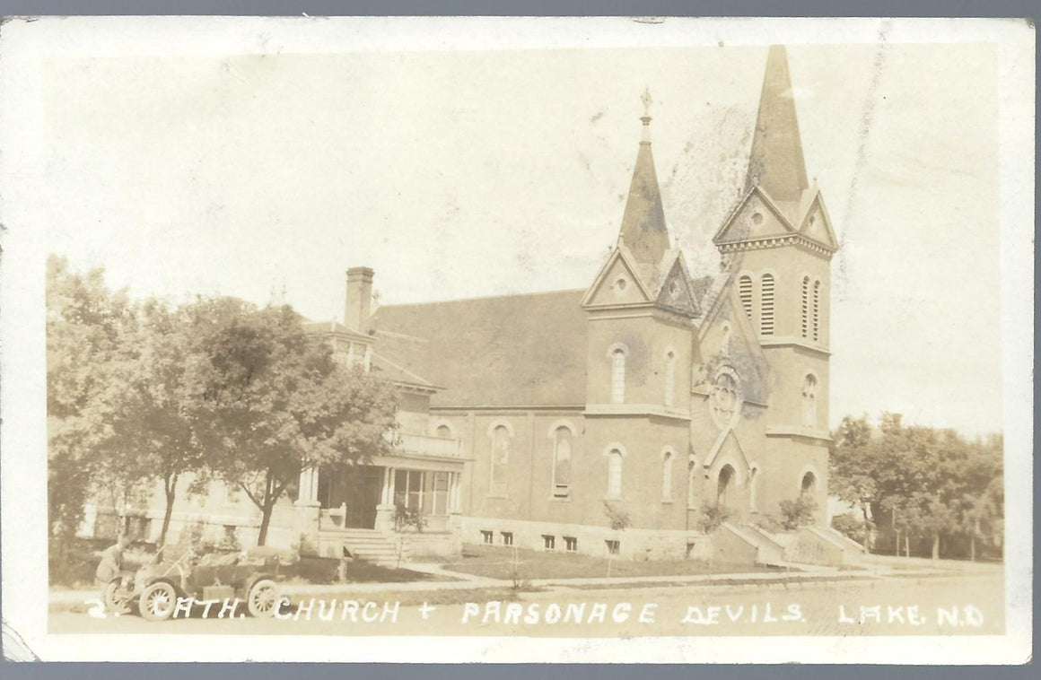 RPPC Devil's Lake N.D. Catholic Church & Parsonage 1913 Real Photo Postcard North Dakota
