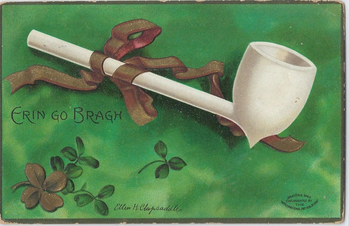Saint Patrick's Day Postcard White Pipe with Gold Green Background Artist Ellen Clapsaddle