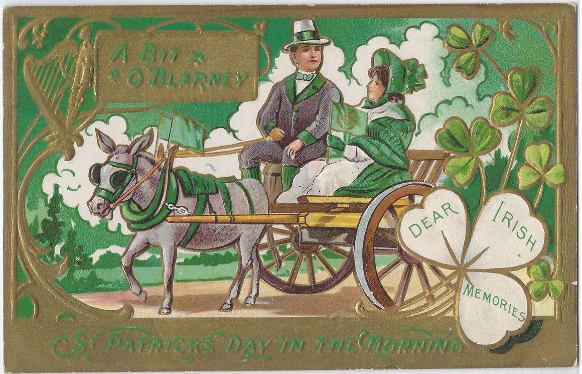 Saint Patrick's Day Postcard Dear Irish Memories Couple Riding Horse Drawn Carriage Gold Embossed