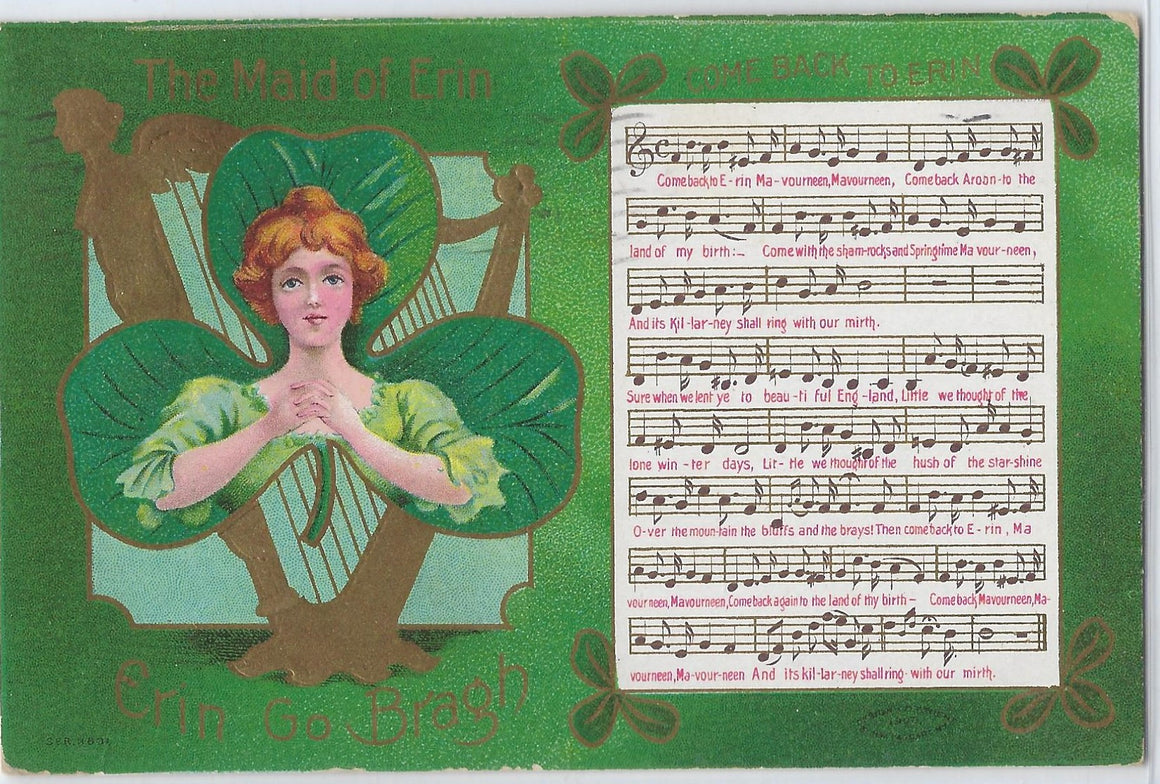 Saint Patrick's Day Postcard Maid of Erin Woman in Golden Harp IAP Publishing