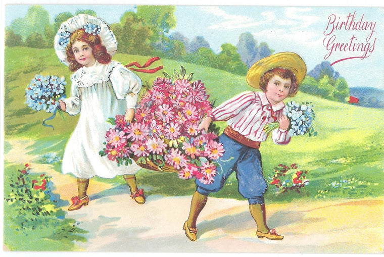 Birthday Greeting Postcard Children Carrying Large Basket of Flowers Series 816 Embossed Made in Germany