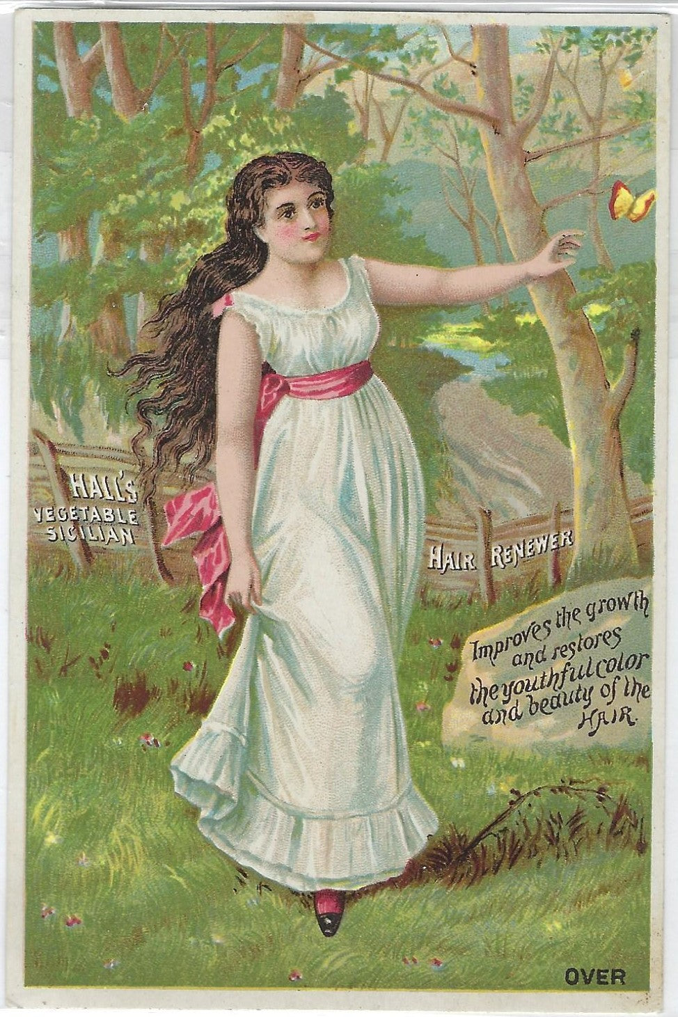 Antique Advertising Trade card for Hall's Vegetable Sicilian Hair Renewer Woman in White Gown Walking Through Forest