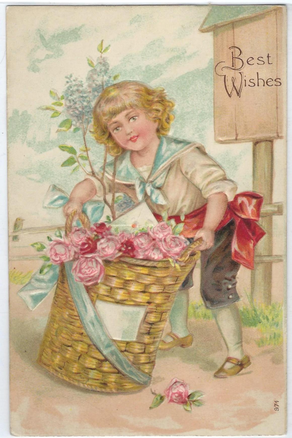 Best Wishes Postcard Embossed Child with Basket of Roses Otto Schloss Publishing