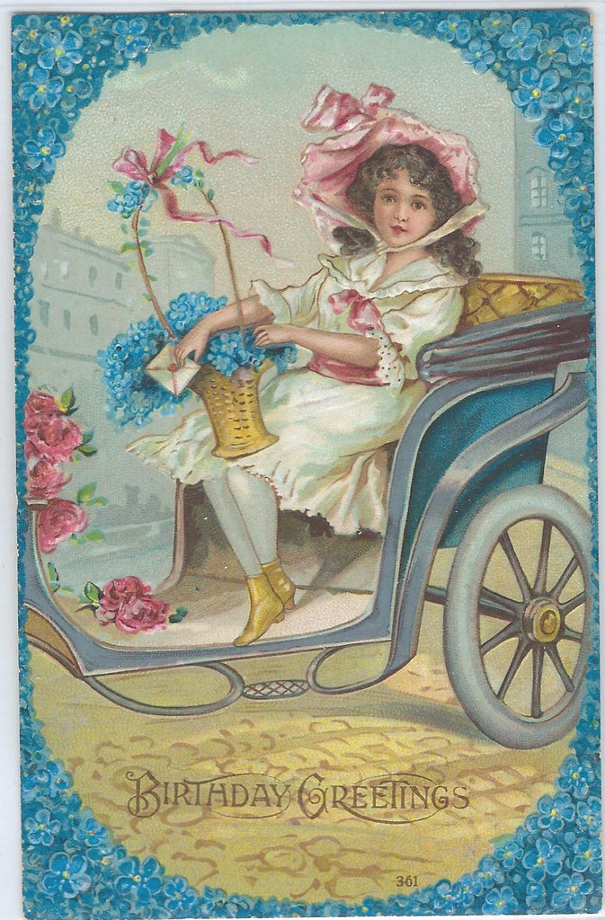 Happy Birthday Postcard Embossed Child Riding in Car Blue Flower Background