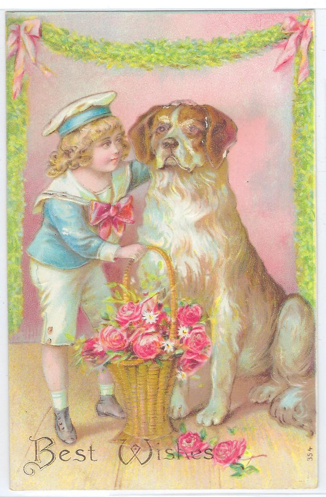 Best Wishes Postcard Embossed Child with Saint Bernard Dog Otto Schloss Publishing