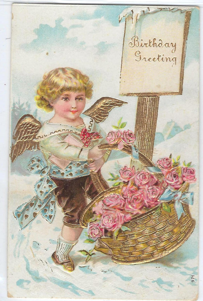 Birthday Postcard Embossed Angel Child Carrying Basket of Roses Gold Highlights