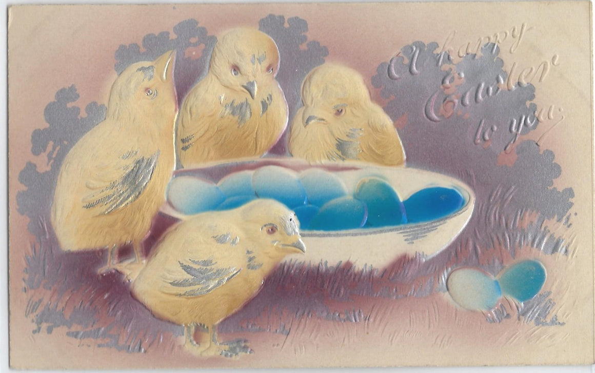 Easter Postcard Baby Chicks at Water Bowl Airbrush Painted